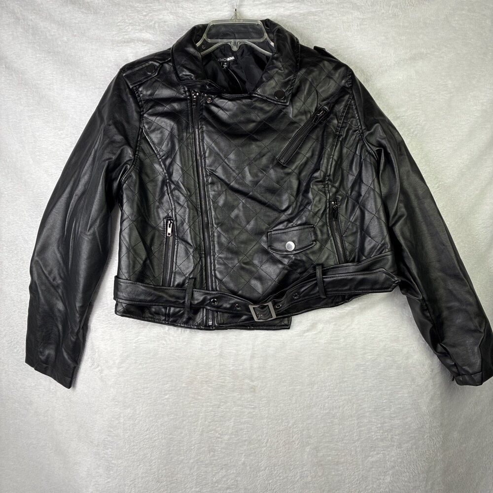 Fashion Nova Womens 1X Black Faux Leather Moto Jacket Quilted Belted NWOT